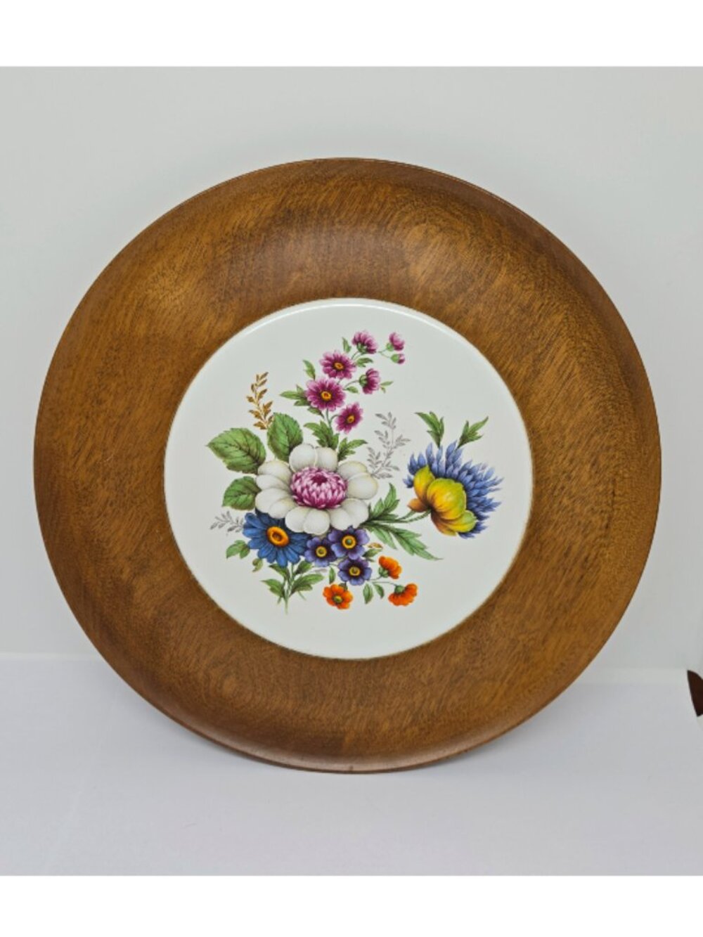 Woodbury Woodware Hand Turned Plate with Round Ceramic Floral Trivet